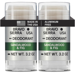 Desodorante Bravo Sierra sin aluminio, dos-pack, fragancia sándalo e higo para protección duradera.