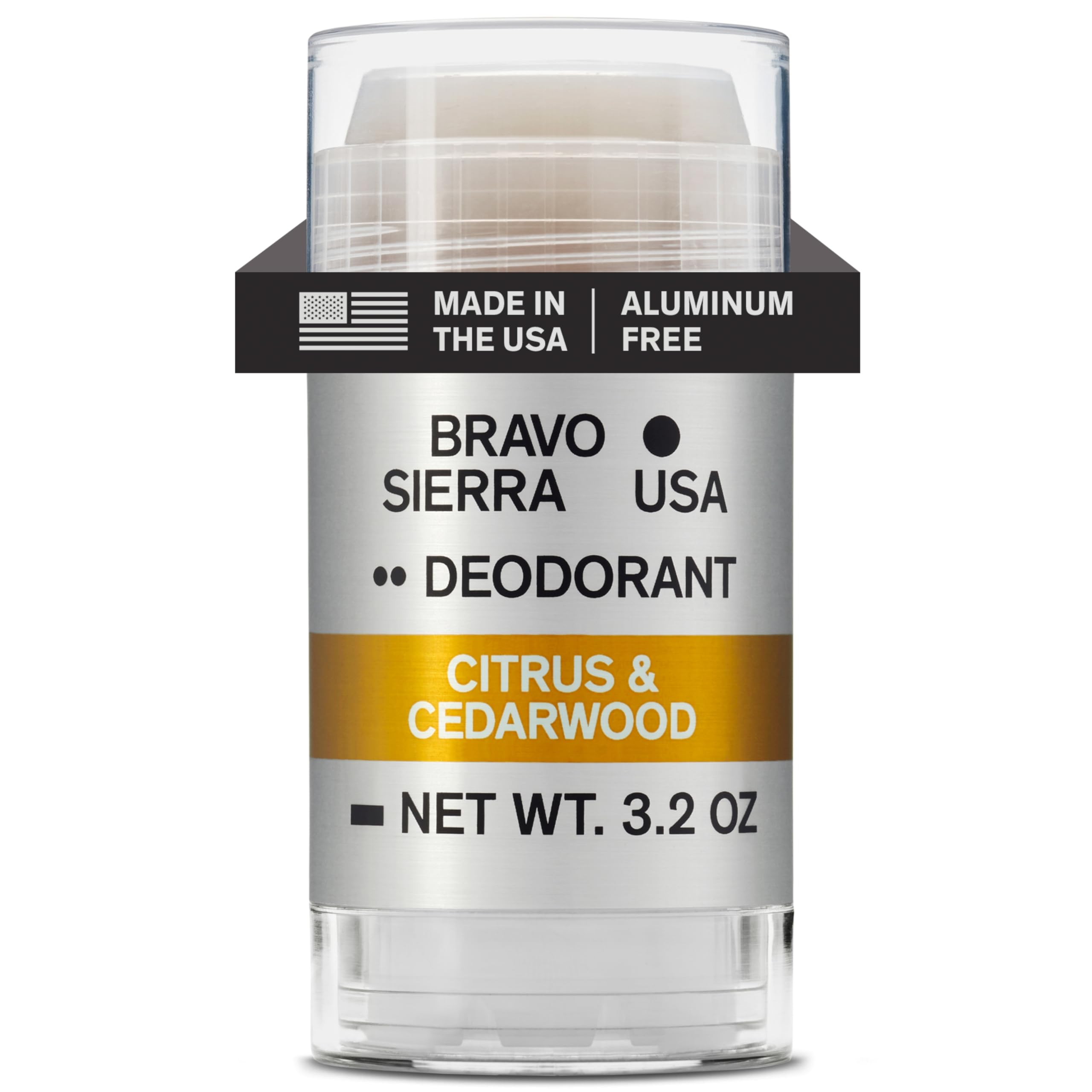 Desodorante Bravo Sierra sin aluminio en lata para protección prolongada.