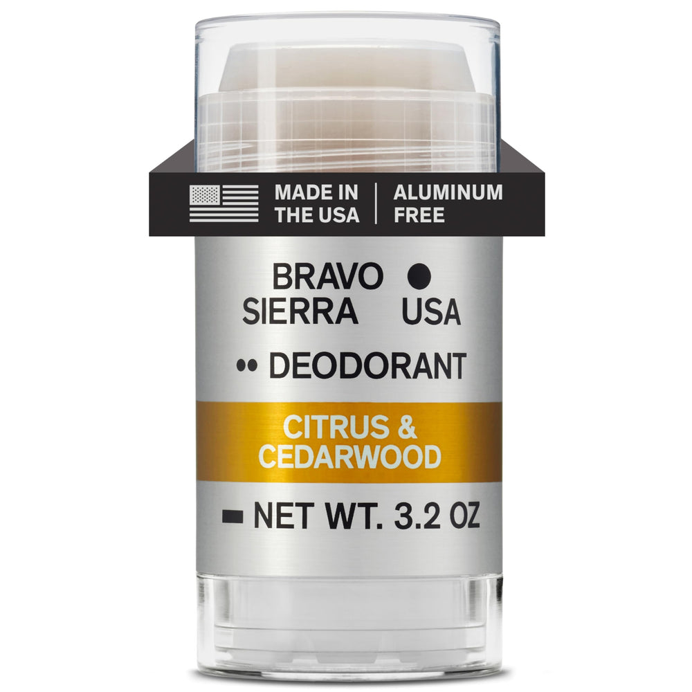 Desodorante Bravo Sierra sin aluminio en lata para protección prolongada.