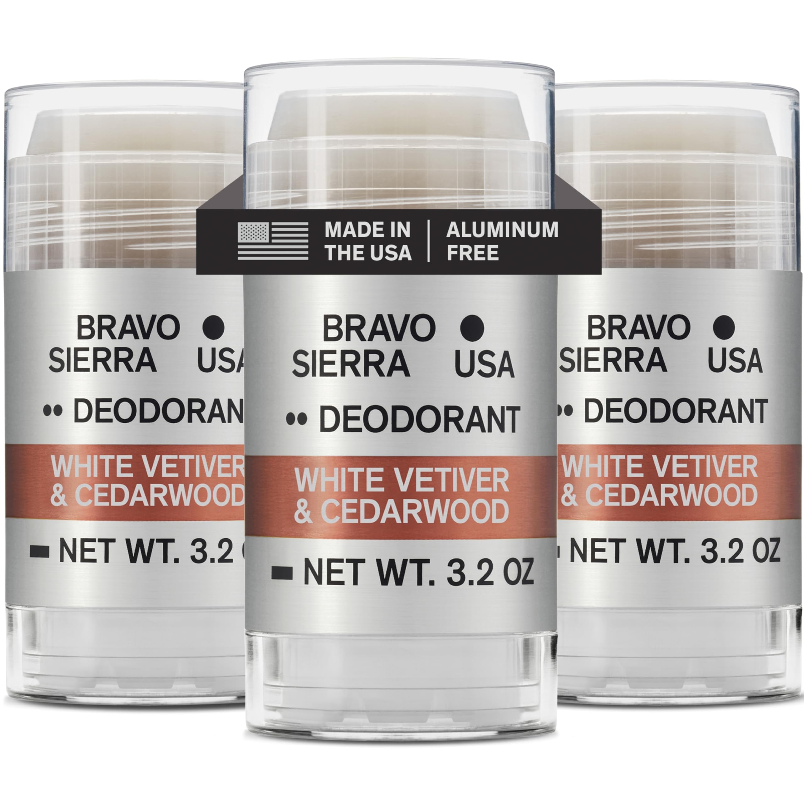 Desodorante Bravo Sierra sin aluminio, empaque de tres unidades, protección prolongada.