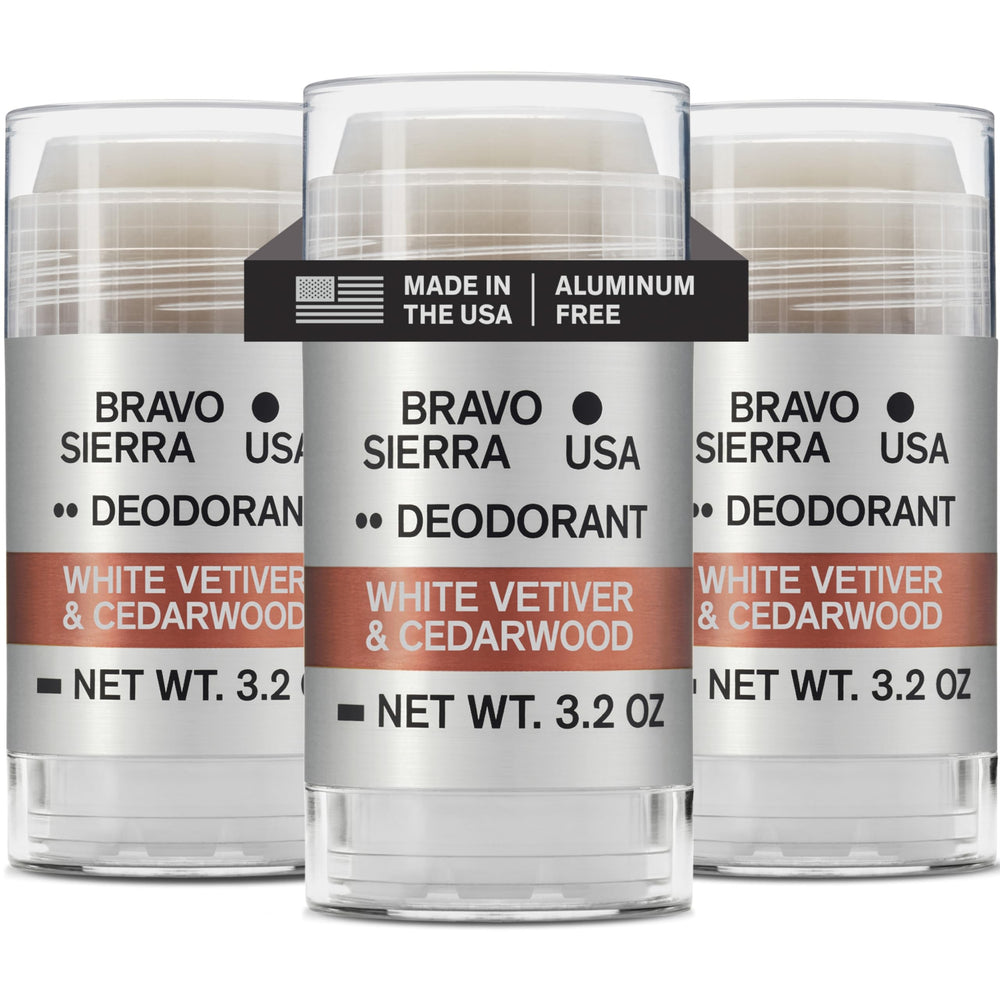 Desodorante Bravo Sierra sin aluminio, empaque de tres unidades, protección prolongada.
