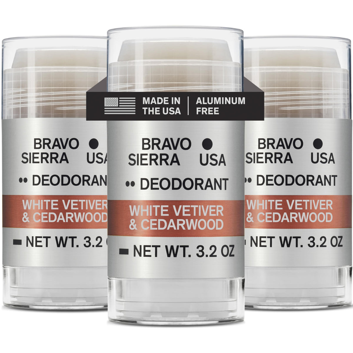 Desodorante Bravo Sierra sin aluminio, empaque de tres unidades, protección prolongada.