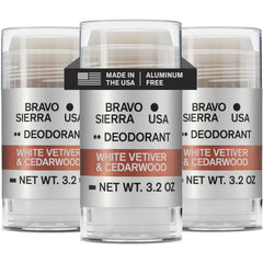 Desodorante Bravo Sierra sin aluminio, empaque de tres unidades, protección prolongada.