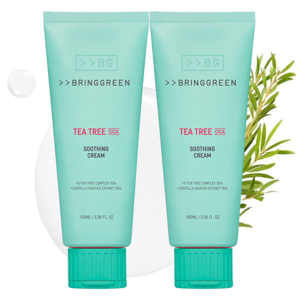 BRING GREEN Crème apaisante arbre à thé Cica, image de la bouteille 100 ml, hydratation apaisante.