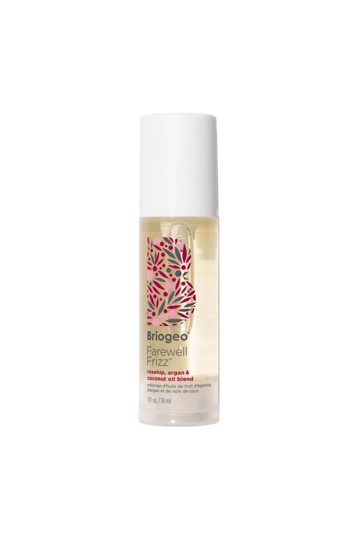 Briogeo Farewell Frizz frasco rosa mosqueta para sellar cutículas y aportar brillo.