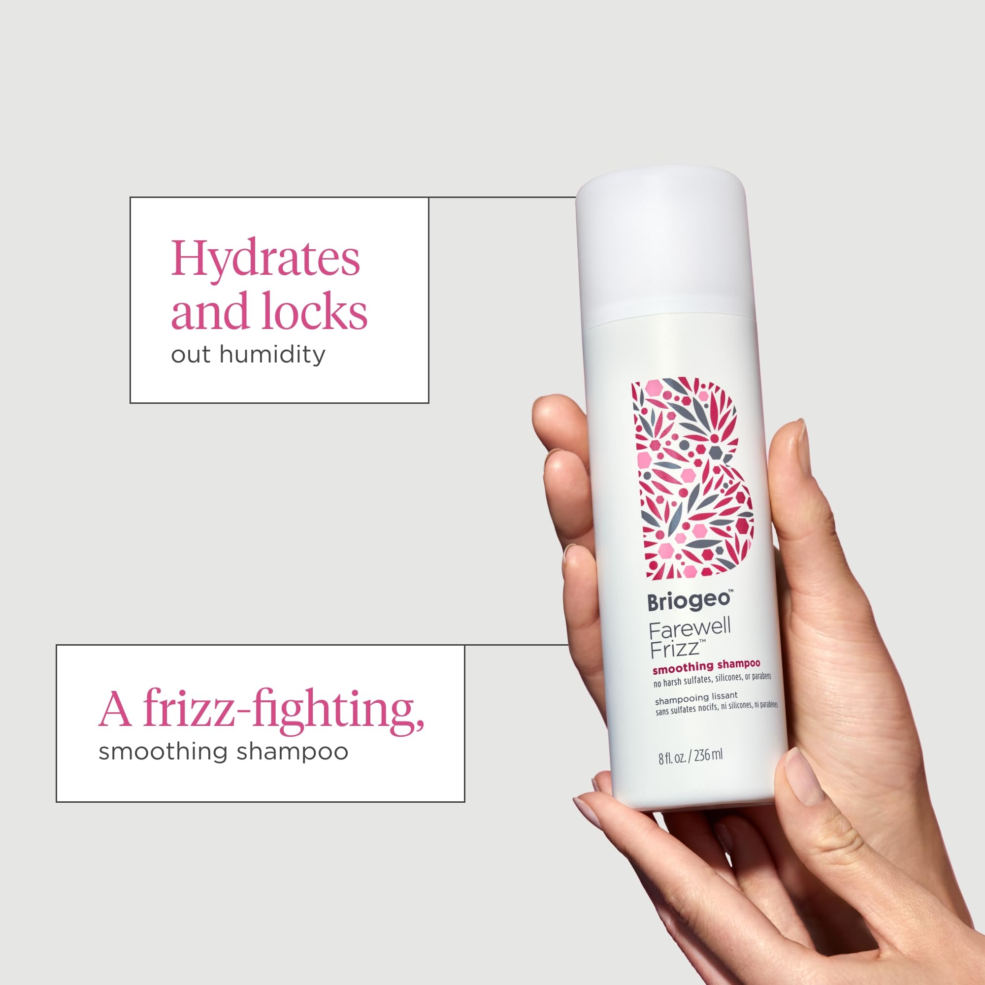 Briogeo Farewell Frizz Shampoing, huile de rosehip pour hydratation.