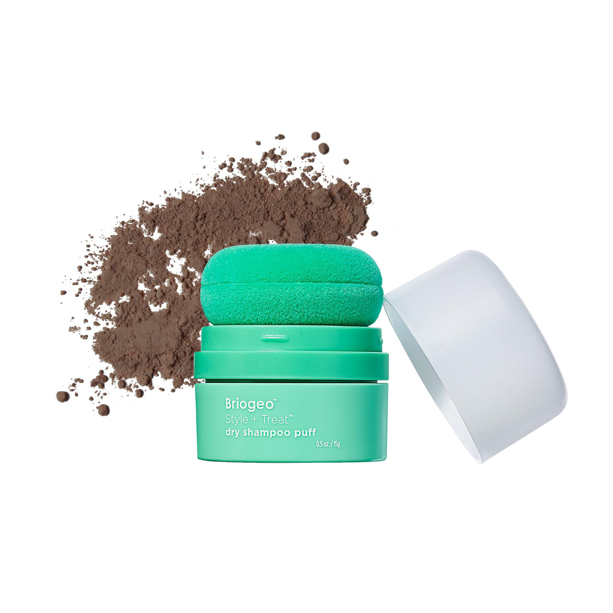 Briogeo Style & Treat Dry Shampoo Puff tintado para cabello oscuro, refresca raíces.