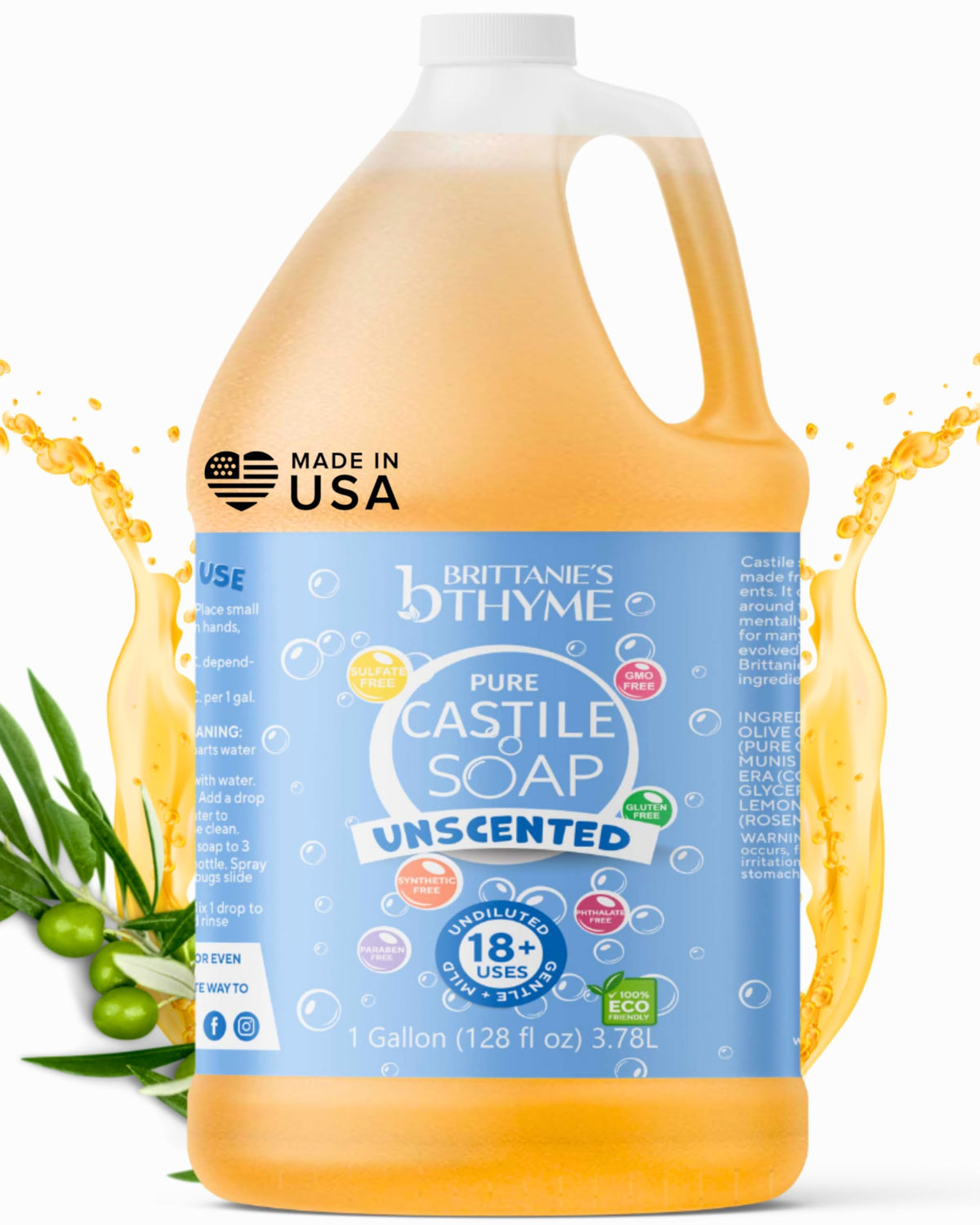 Brittanie's Thyme refil jabón castile con aceite de oliva, sin fragancia, opción ecológica para la casa.