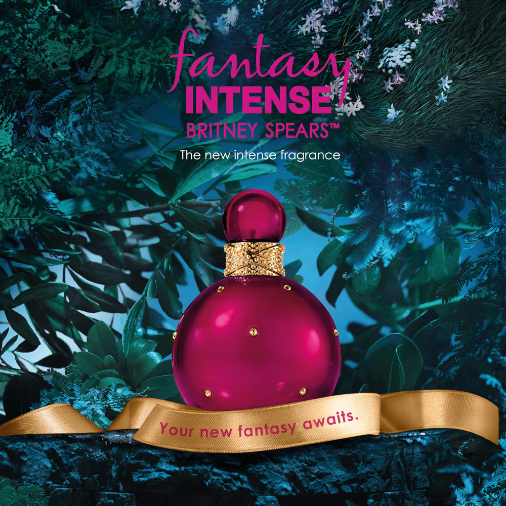 Britney Spears Fantasy Intense - etiqueta; visual atractivo para destacar en estantería.