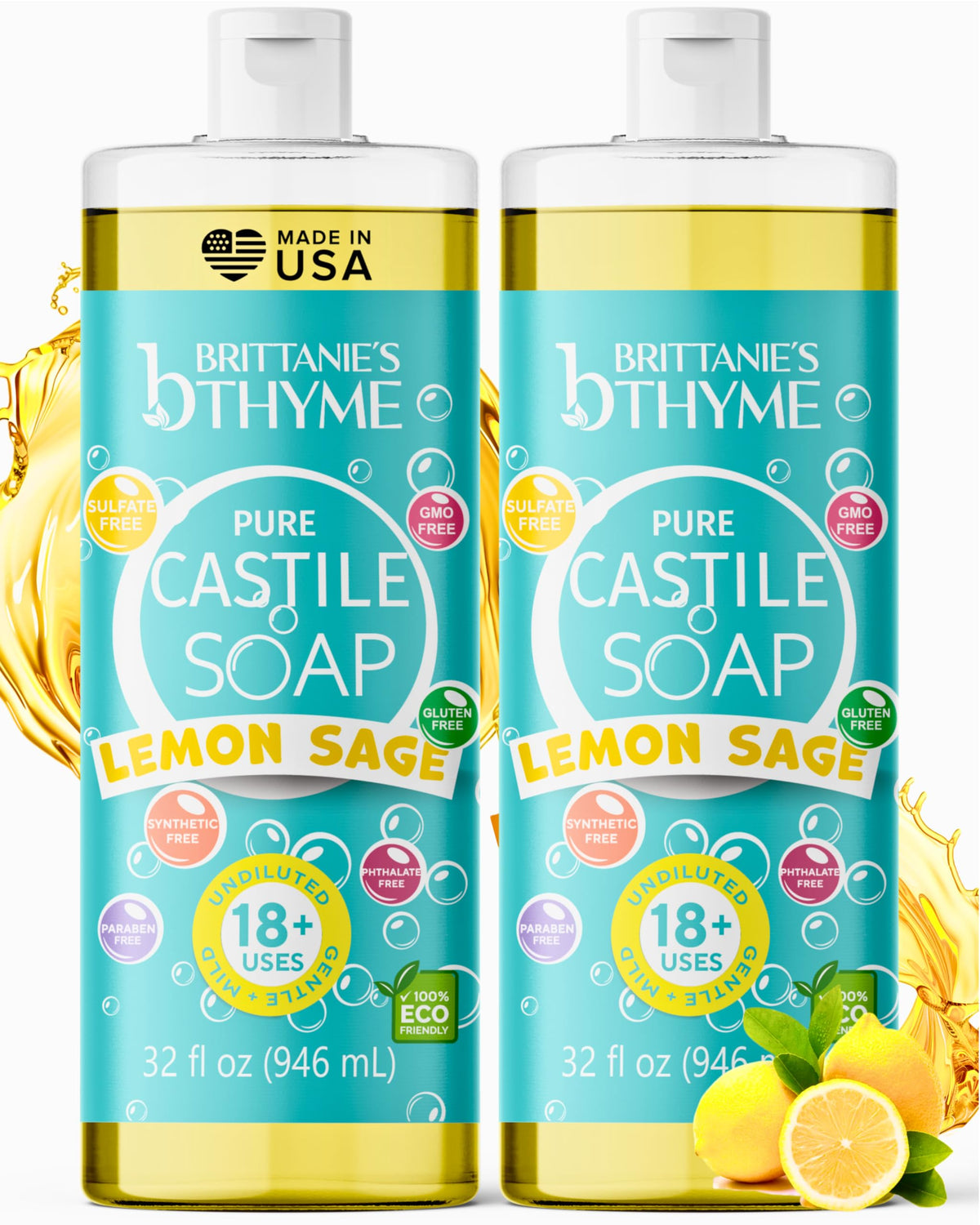Brittanie's Thyme Jabón Castile líquido, etiqueta limón-salvia, limpieza suave.