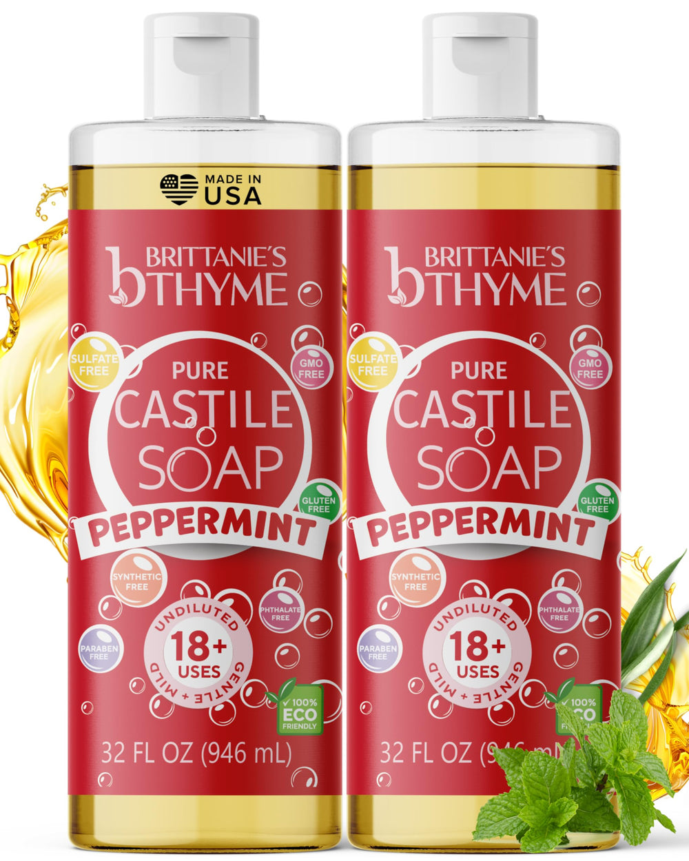 Brittanie's Thyme Jabon Castile Menta en botella para limpieza suave y natural.