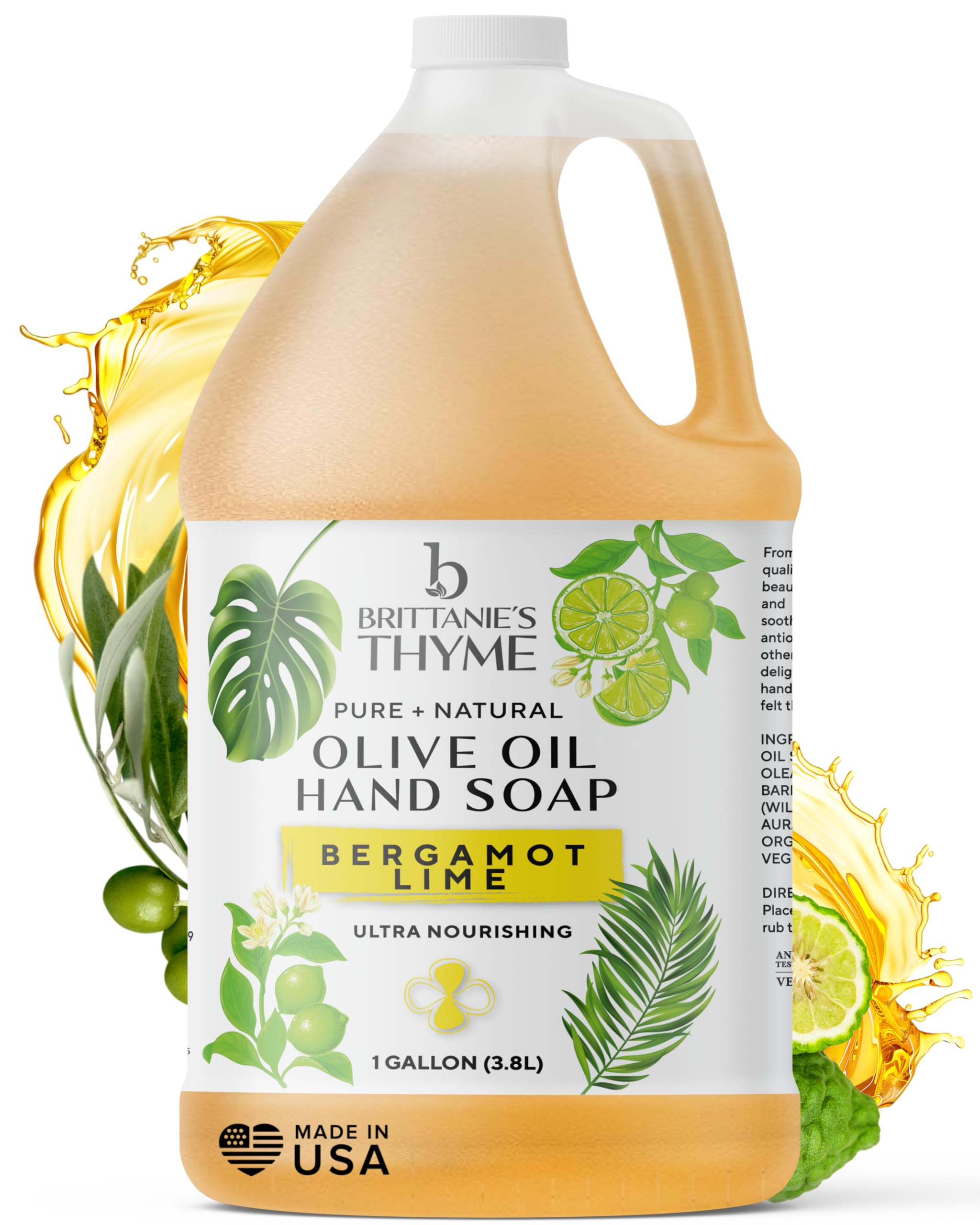 Brittanie's Thyme - Bouteille Savon Castile olive Bergamote Lime, parfum énergisant et nettoyage en douceur.