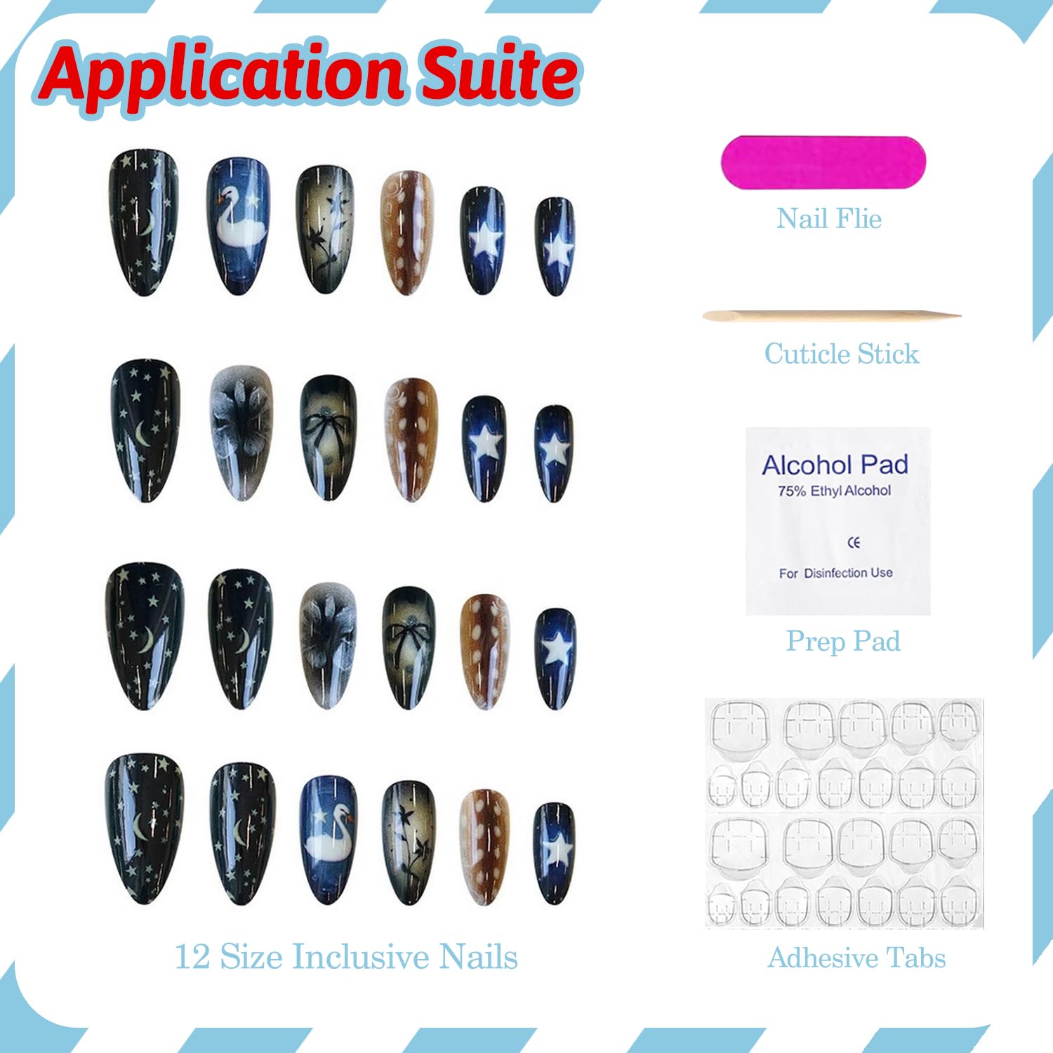 BRKYKGK uñas almendra con diseño fantasía azul, ideal para eventos