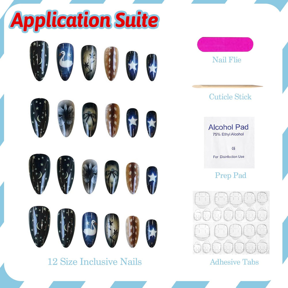 BRKYKGK uñas almendra con diseño fantasía azul, ideal para eventos