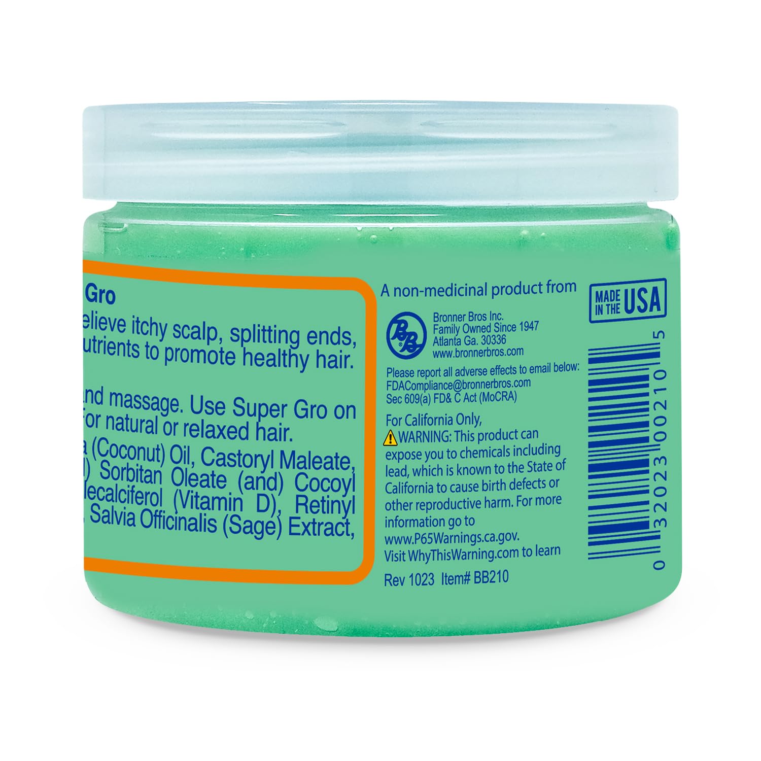 Bronner Bros Doble Potencia Super Gro: aceite de coco y salvia nutre la fibra capilar.