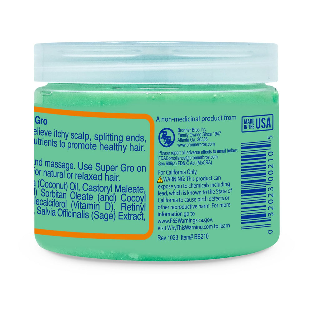 Bronner Bros Doble Potencia Super Gro: aceite de coco y salvia nutre la fibra capilar.