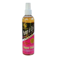 Bronner Bros Pump It Up, botella-detalle, muestra el diseño dorado y fijación duradera.