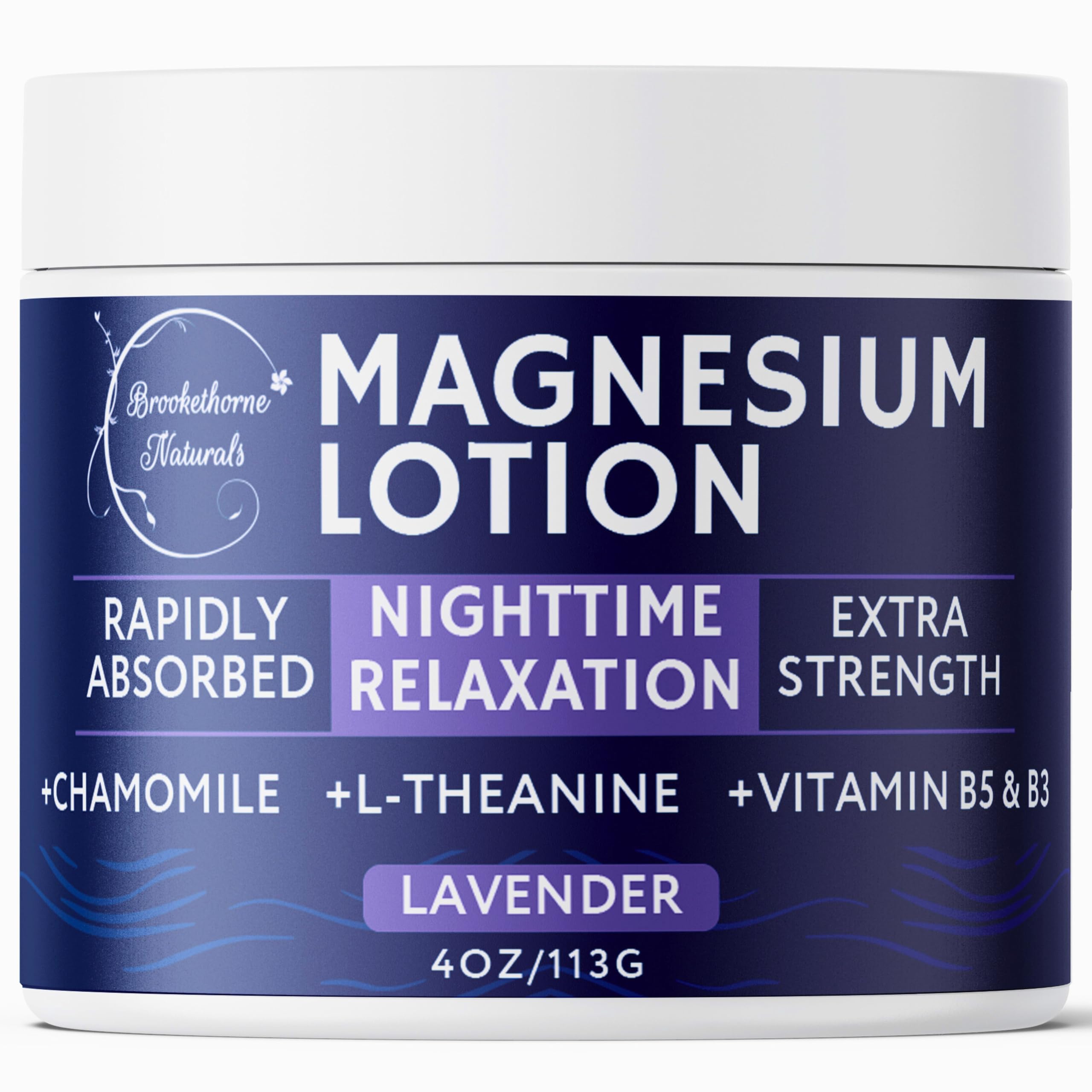 Brookethorne Naturals Nighttime Magnesium Lotion frente a la botella, enfoque en lavanda calmante para la noche.