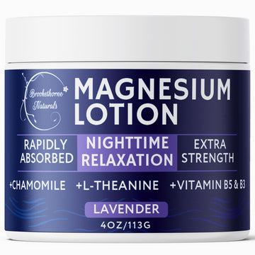 Brookethorne Naturals Nighttime Magnesium Lotion frente a la botella, enfoque en lavanda calmante para la noche.