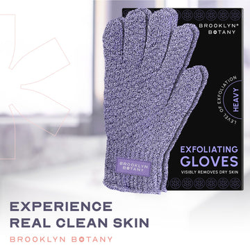 Brooklyn Botany guantes exfoliantes para ducha, textura renovada y sensación limpia.