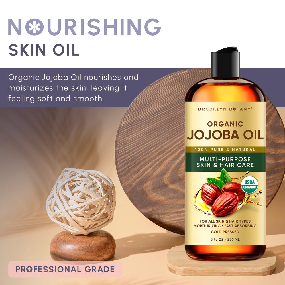 Brooklyn Botany Jojoba Oil, etiqueta clara para uso seguro.