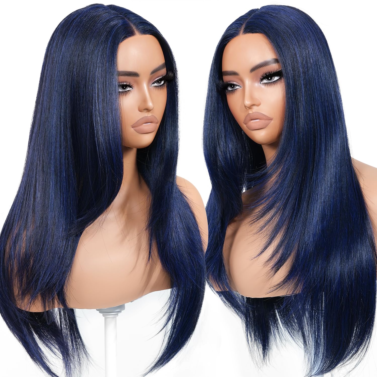 BrownBomb dark blue wig front view with long layered style for everyday wear