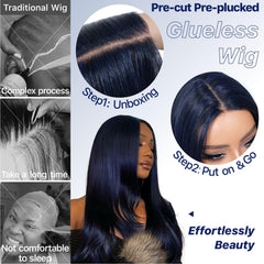 BrownBomb dark blue wig wearing view demonstrates instant style for busy mornings