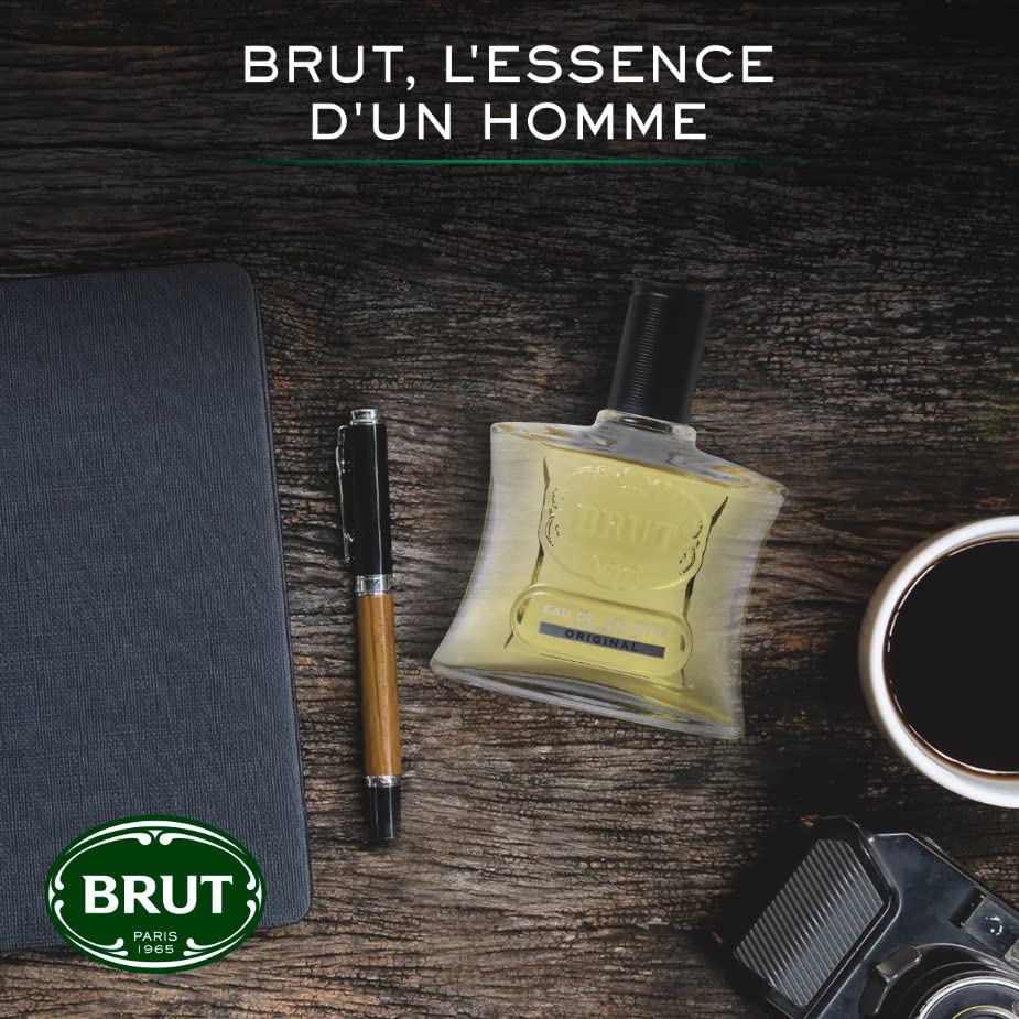 Brut Original, atomizador en mano, aroma duradero para el día.