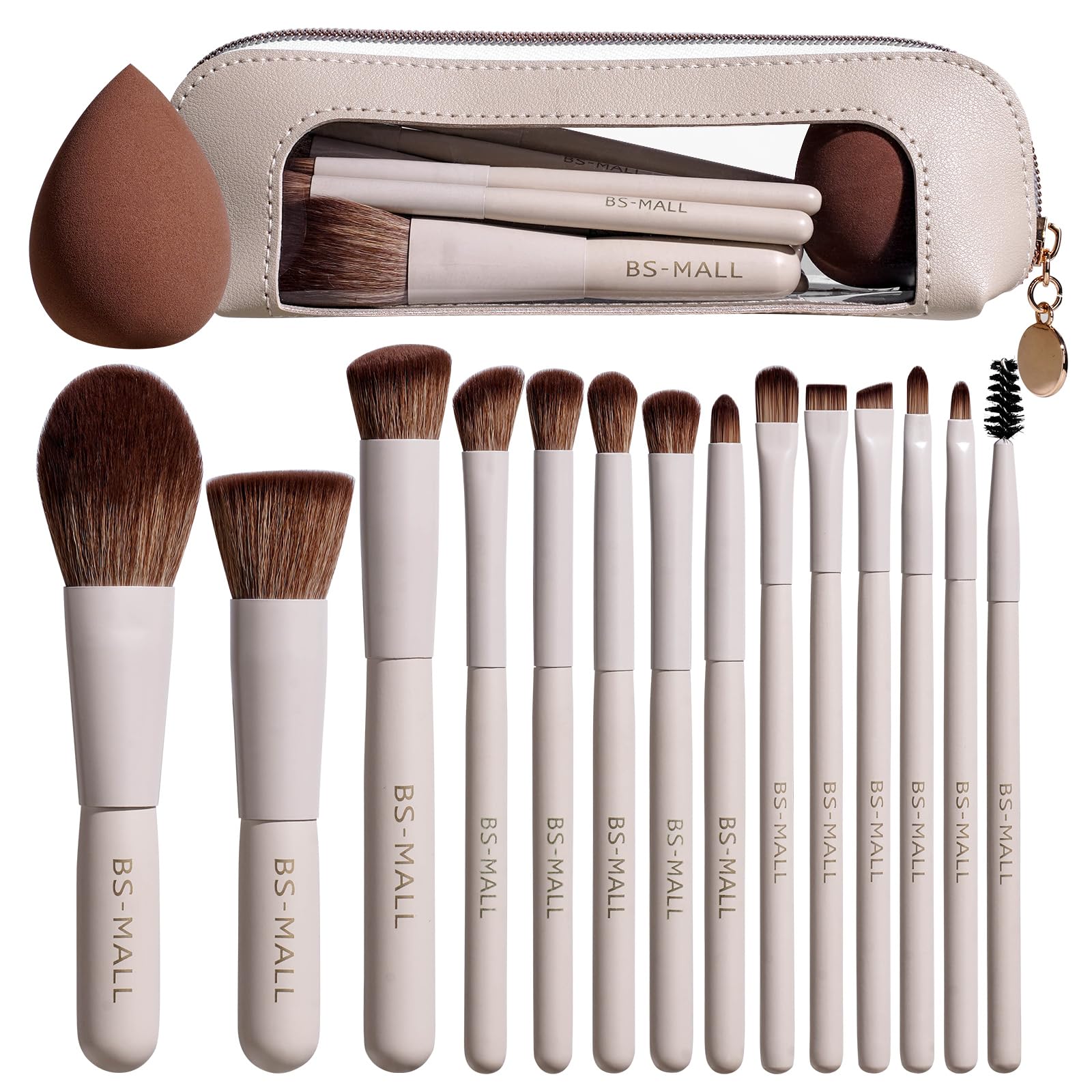 BS-MALL 14 brochas de maquillaje con estuche beige para uso diario.