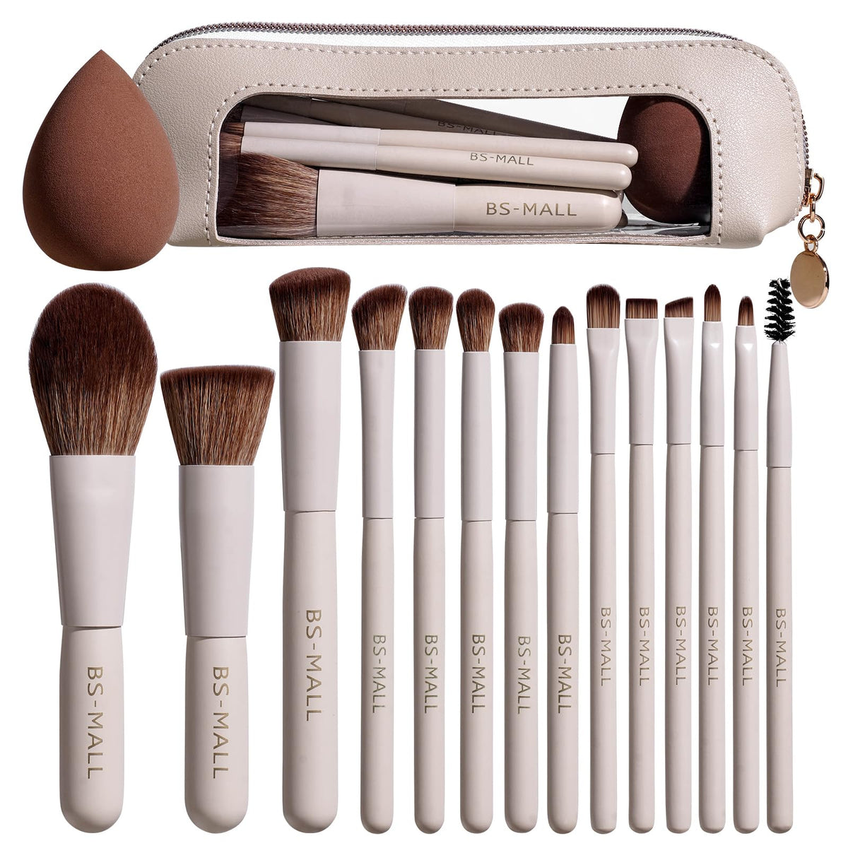 BS-MALL 14 brochas de maquillaje con estuche beige para uso diario.