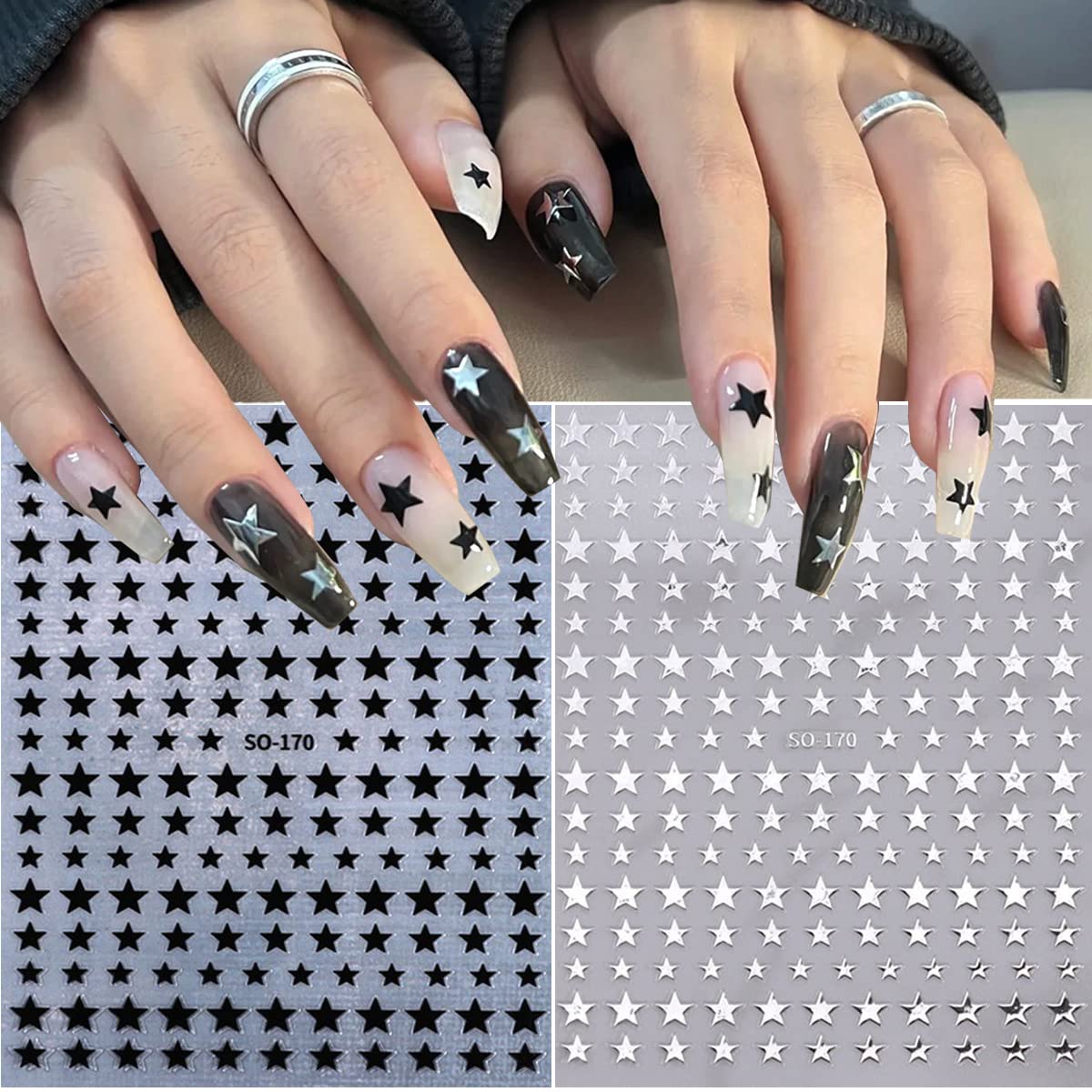 BSBTBZ estrellas plateadas 3D para uñas, brillo elegante y adherencia sencilla
