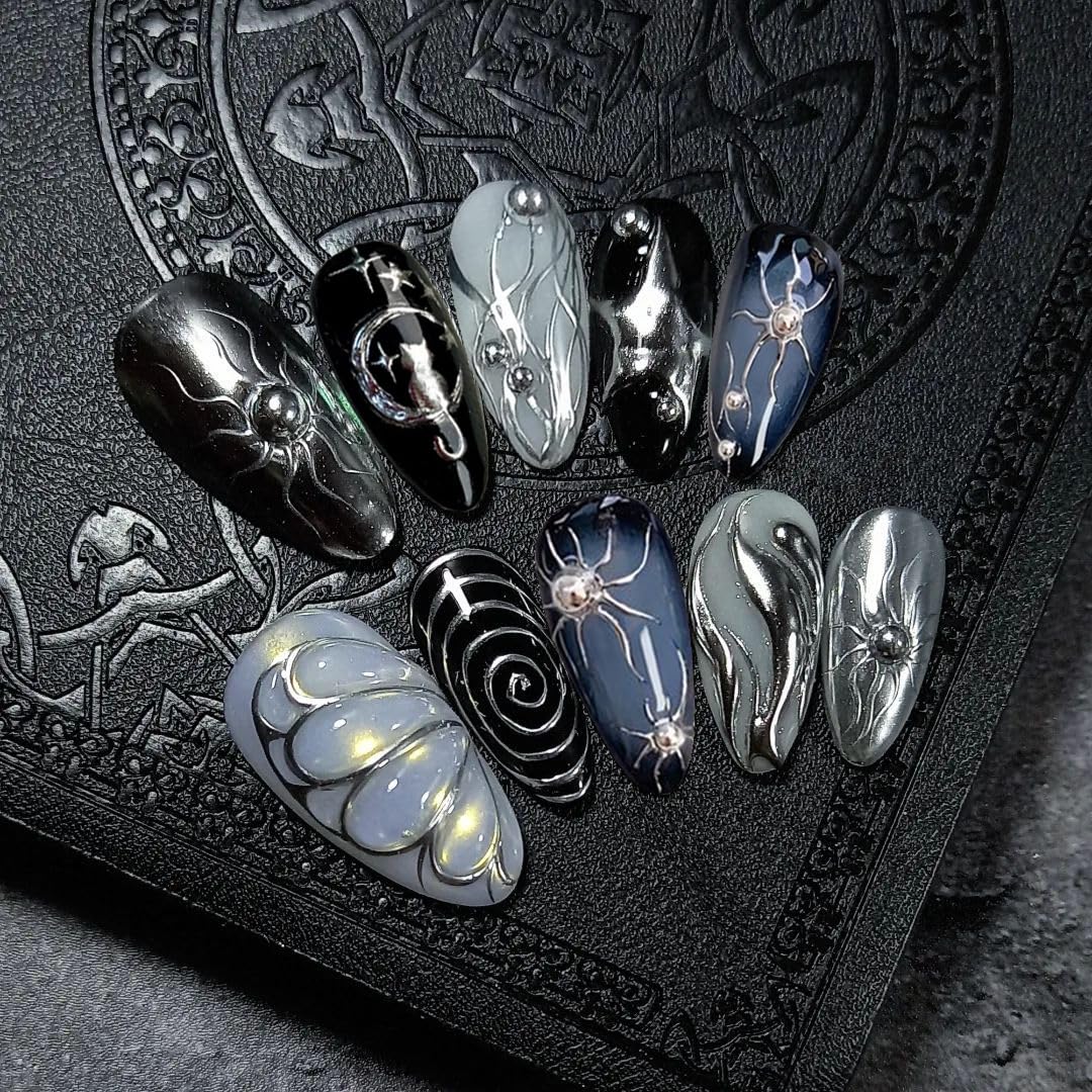 BSBTBZ uñas góticas en forma almendra con mariposas 3D para un look único.