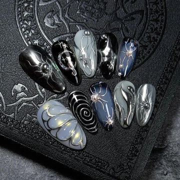 BSBTBZ uñas góticas en forma almendra con mariposas 3D para un look único.