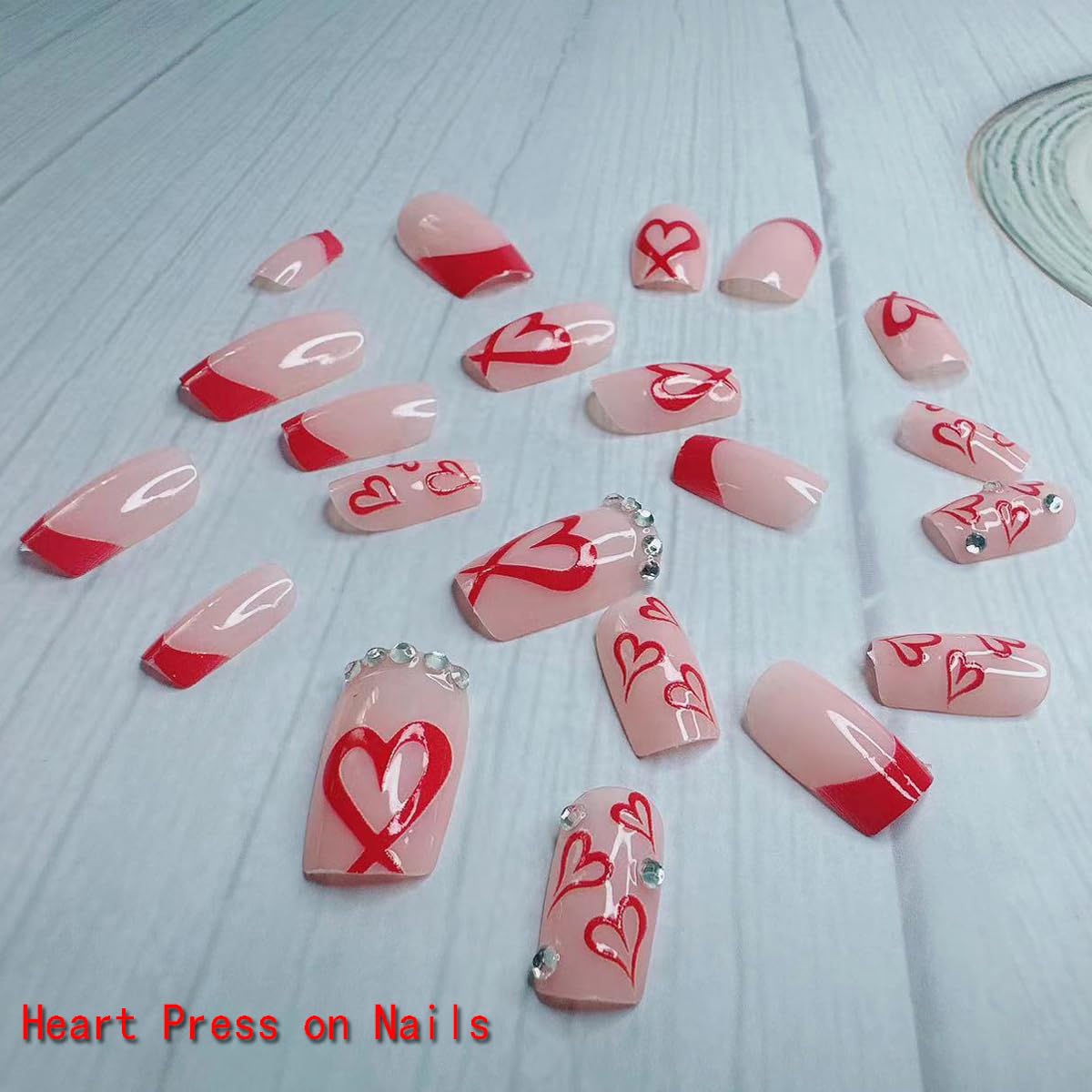 BSBTBZ uñas con corazones rojos y cristales, francés y brillo duradero para eventos