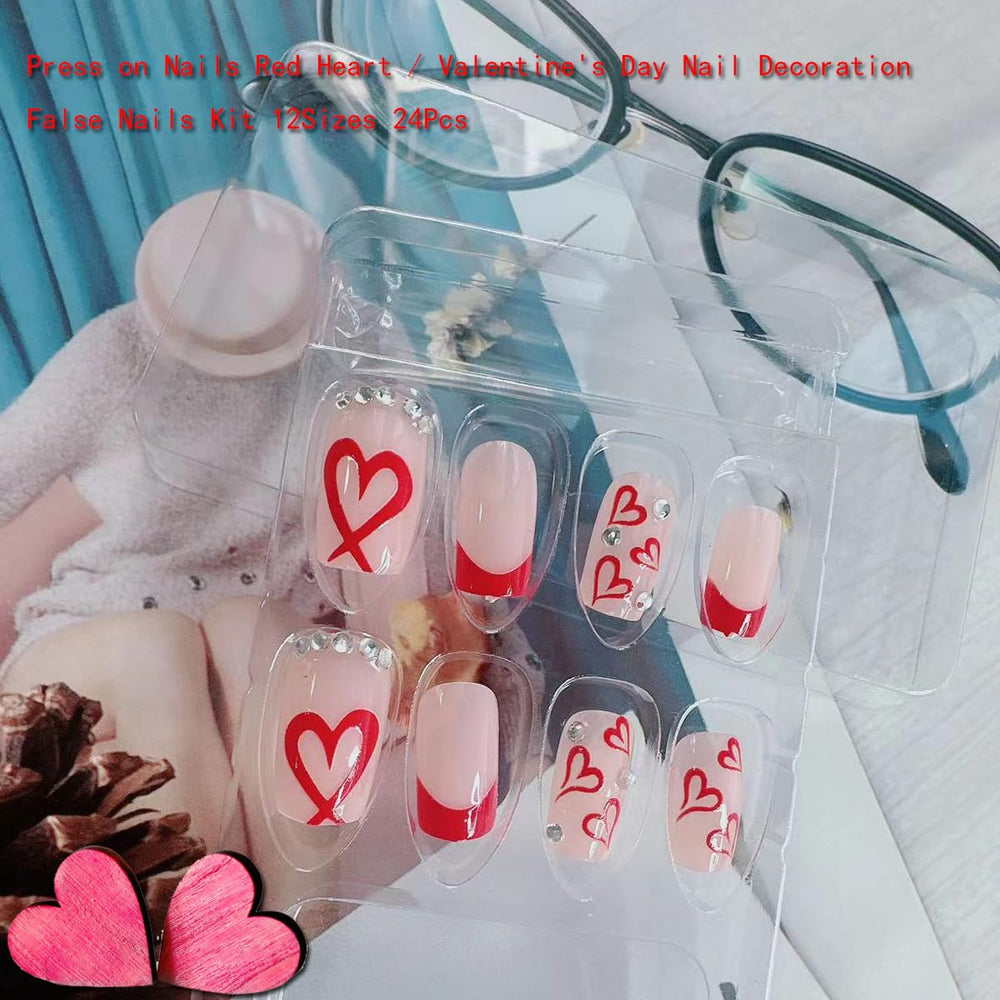BSBTBZ uñas medias con diseño francés y corazones, reutilizables con adhesivo adecuado