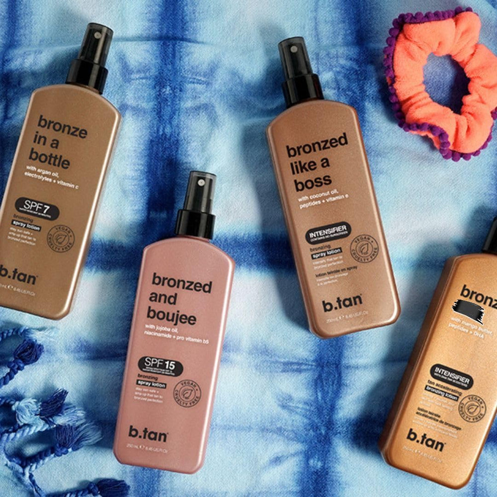 B.TAN bottle features no suntan protection messaging shown for tanning without sunscreen.