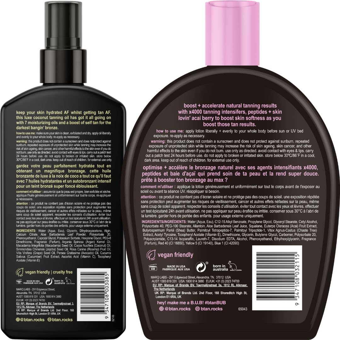 B.TAN tinted tanning oil bottle ideal for rapid dark color.