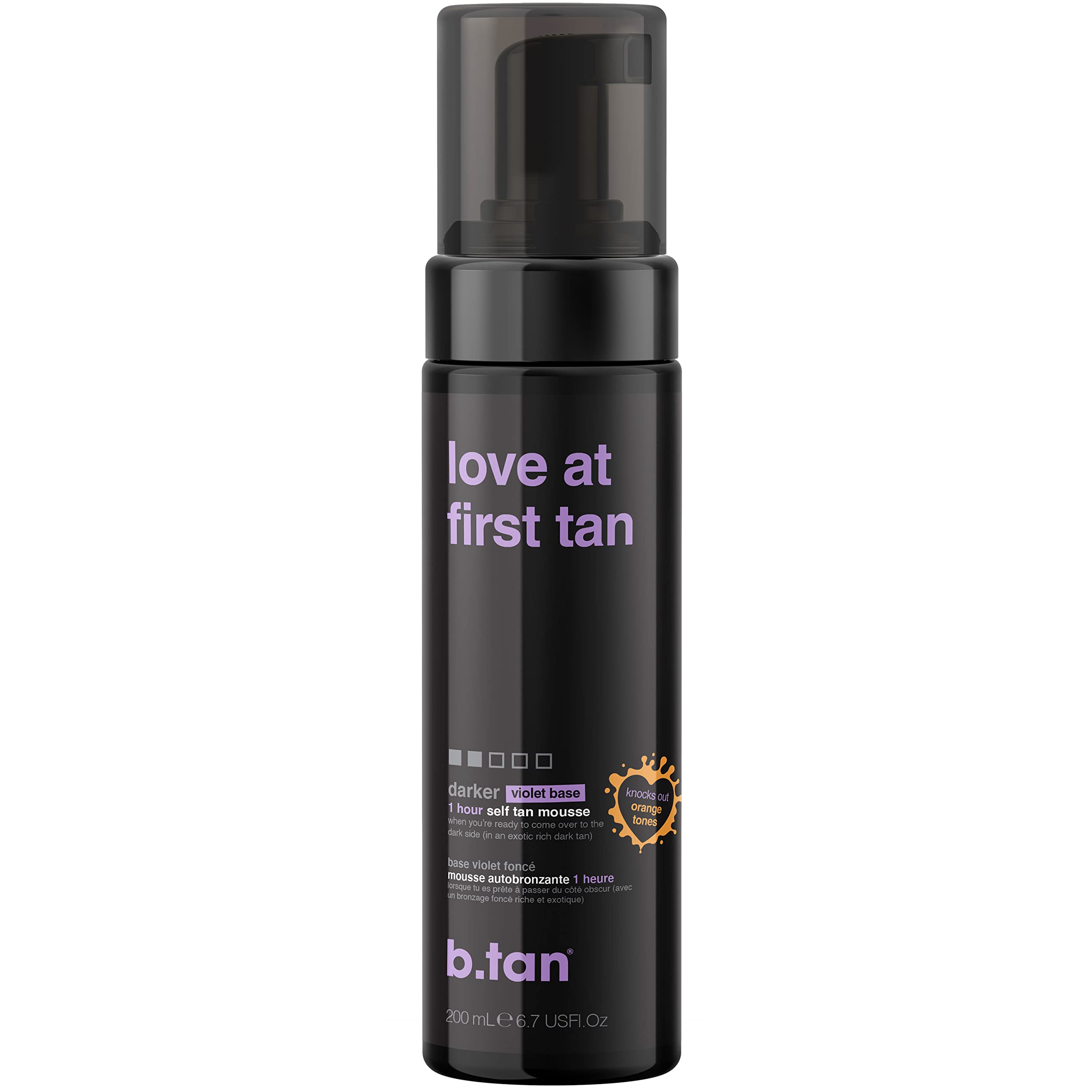 B.TAN Violet Base Self Tanner Mousse bottle for convenient at-home tanning and even color.