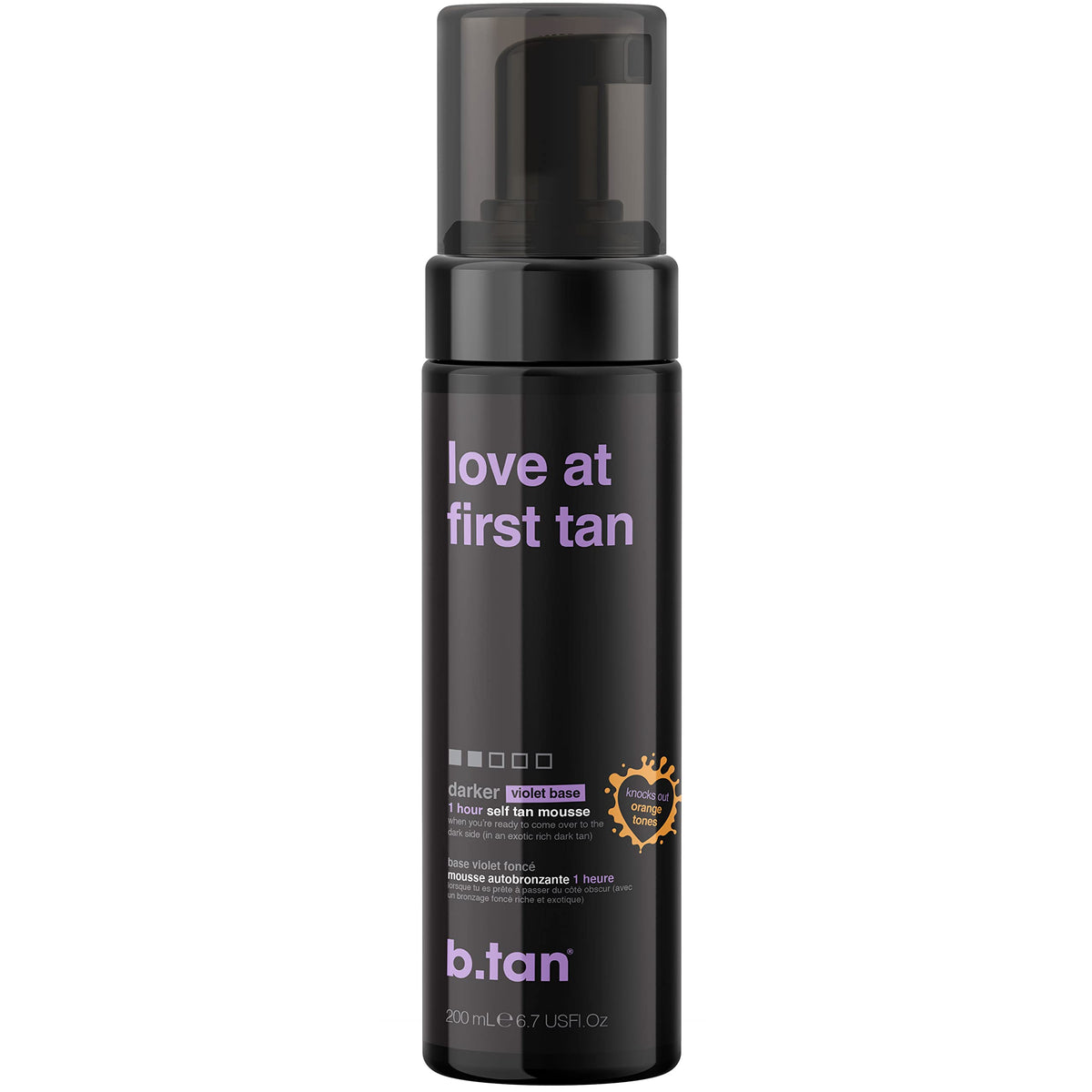 B.TAN Violet Base Self Tanner Mousse bottle for convenient at-home tanning and even color.