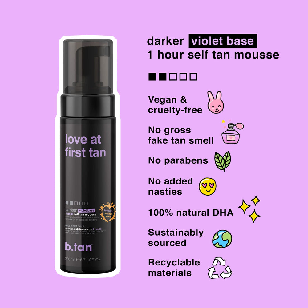 B.TAN Violet Base Self Tanner Mousse face application blends evenly for natural look.