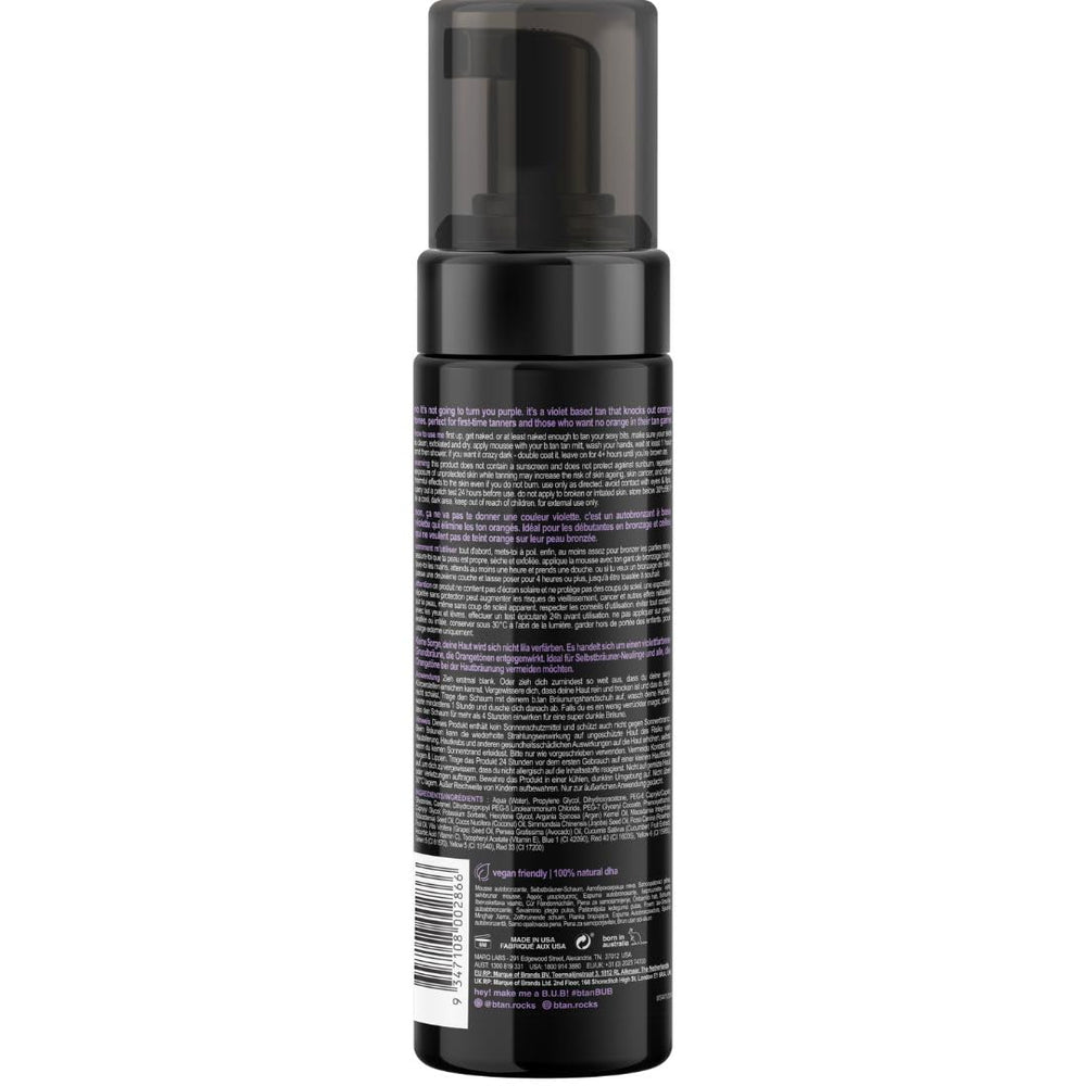 B.TAN Violet Base Self Tanner Mousse texture closeup shows smooth, streak-free application.