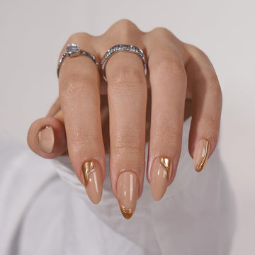BTArtbox uñas postizas en forma de almendra 3D con diseño metálico para un look moderno.