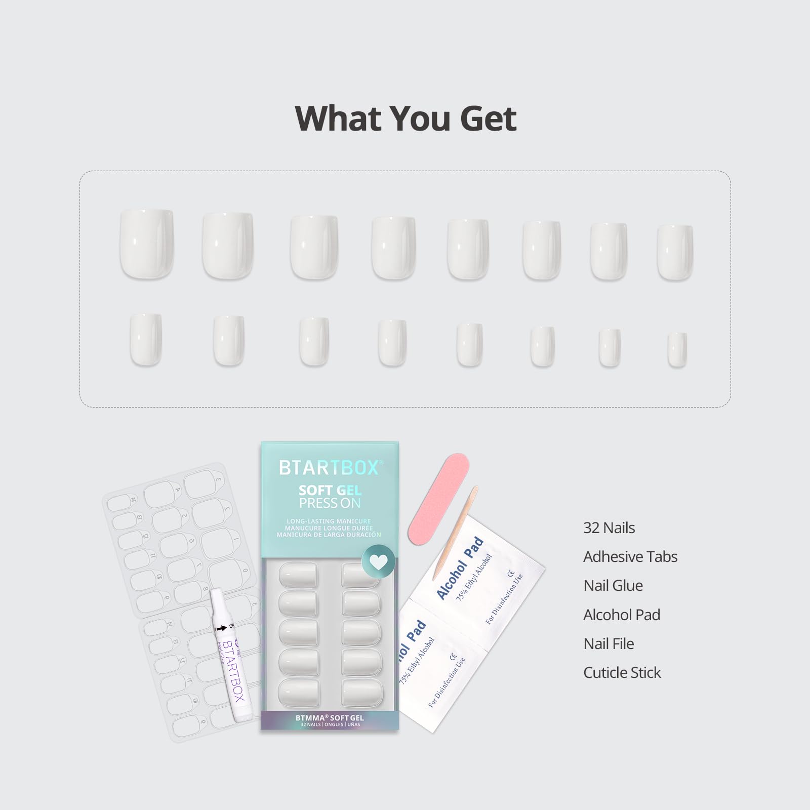 Kit completo BTArtbox con 32 uñas y accesorios para aplicación rápida.