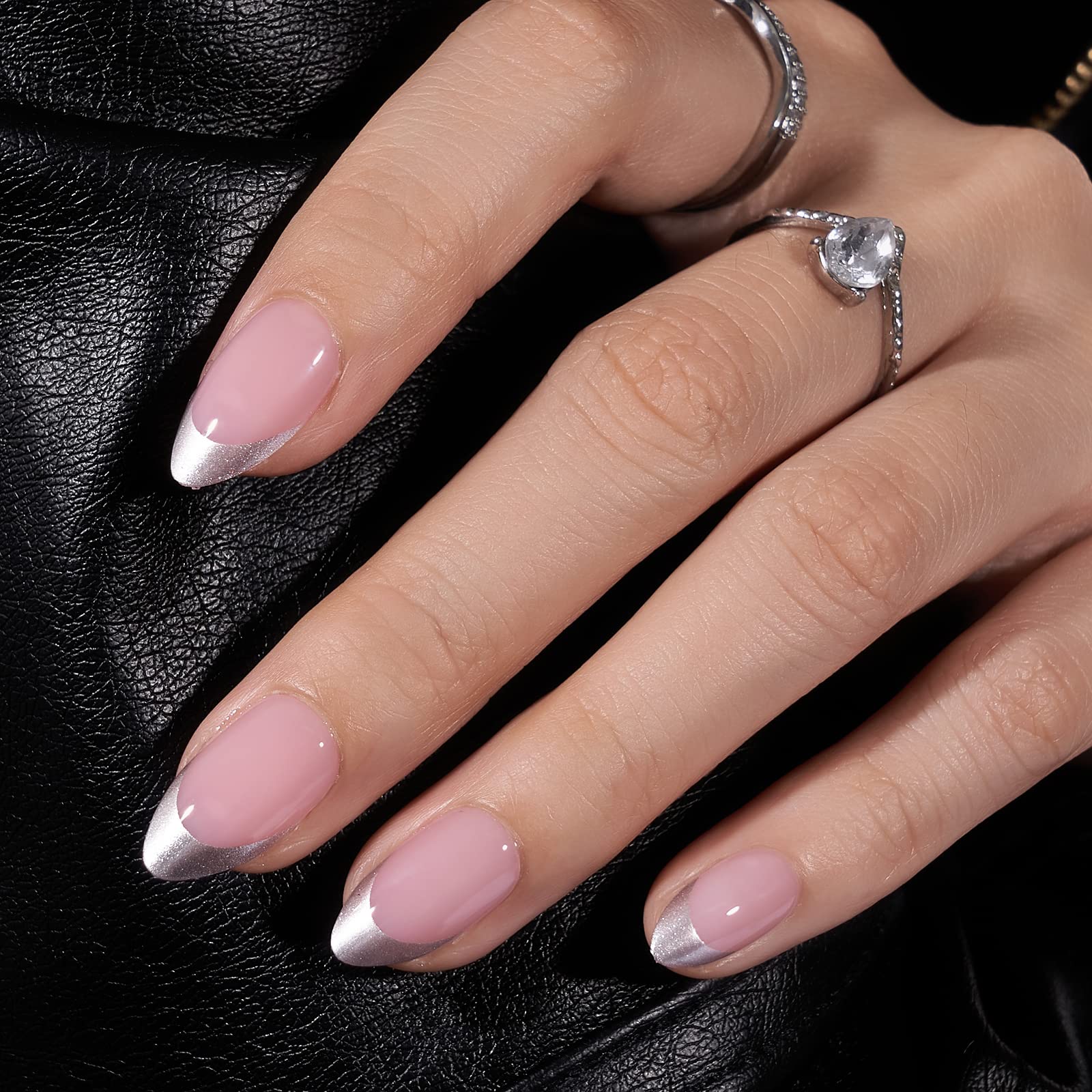 BTArtbox Frances Tip uñas almendra con contorno plateado para acabado natural