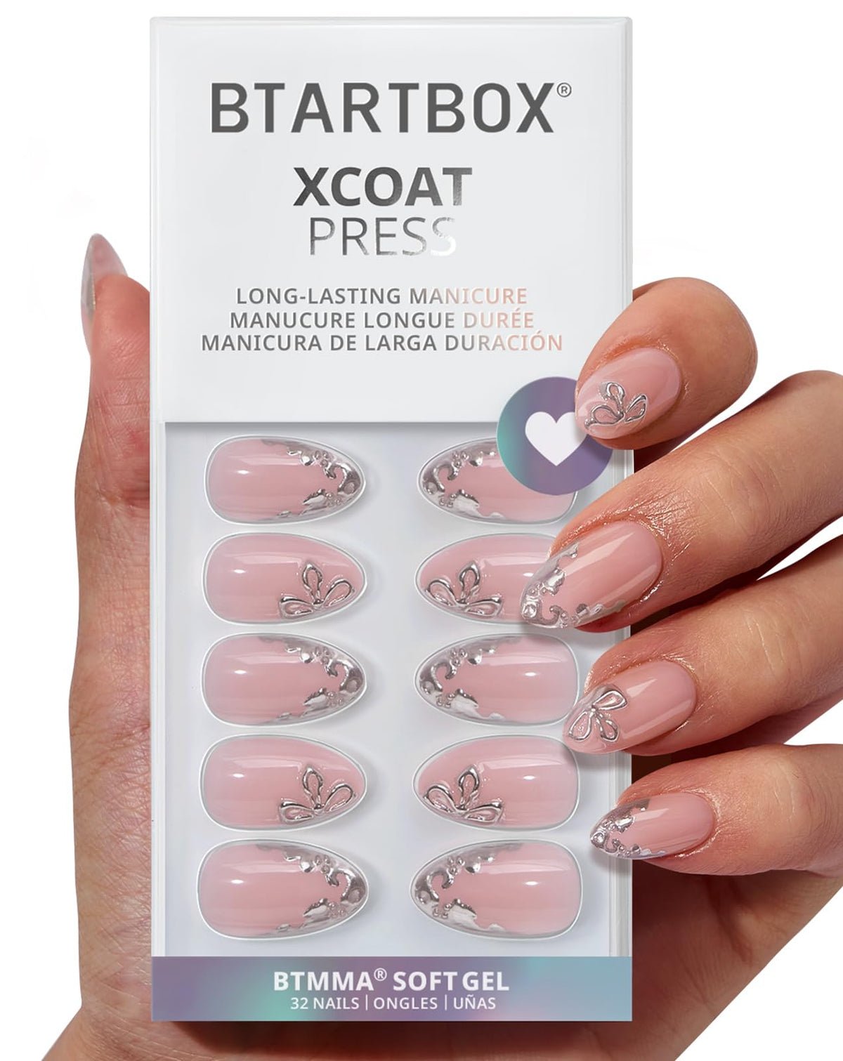 BTArtbox Frost Glam: uñas cortas con flor 3D para un acabado natural duradero.