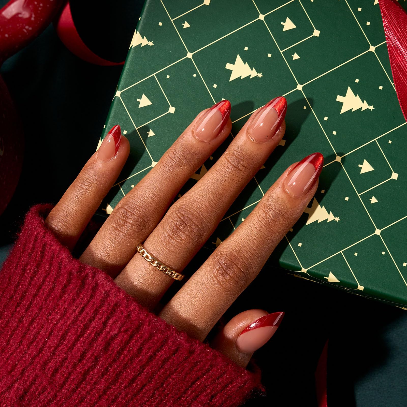 BTArtbox uñas francesas rojo-cat-eye, material flexible para comodidad diaria.