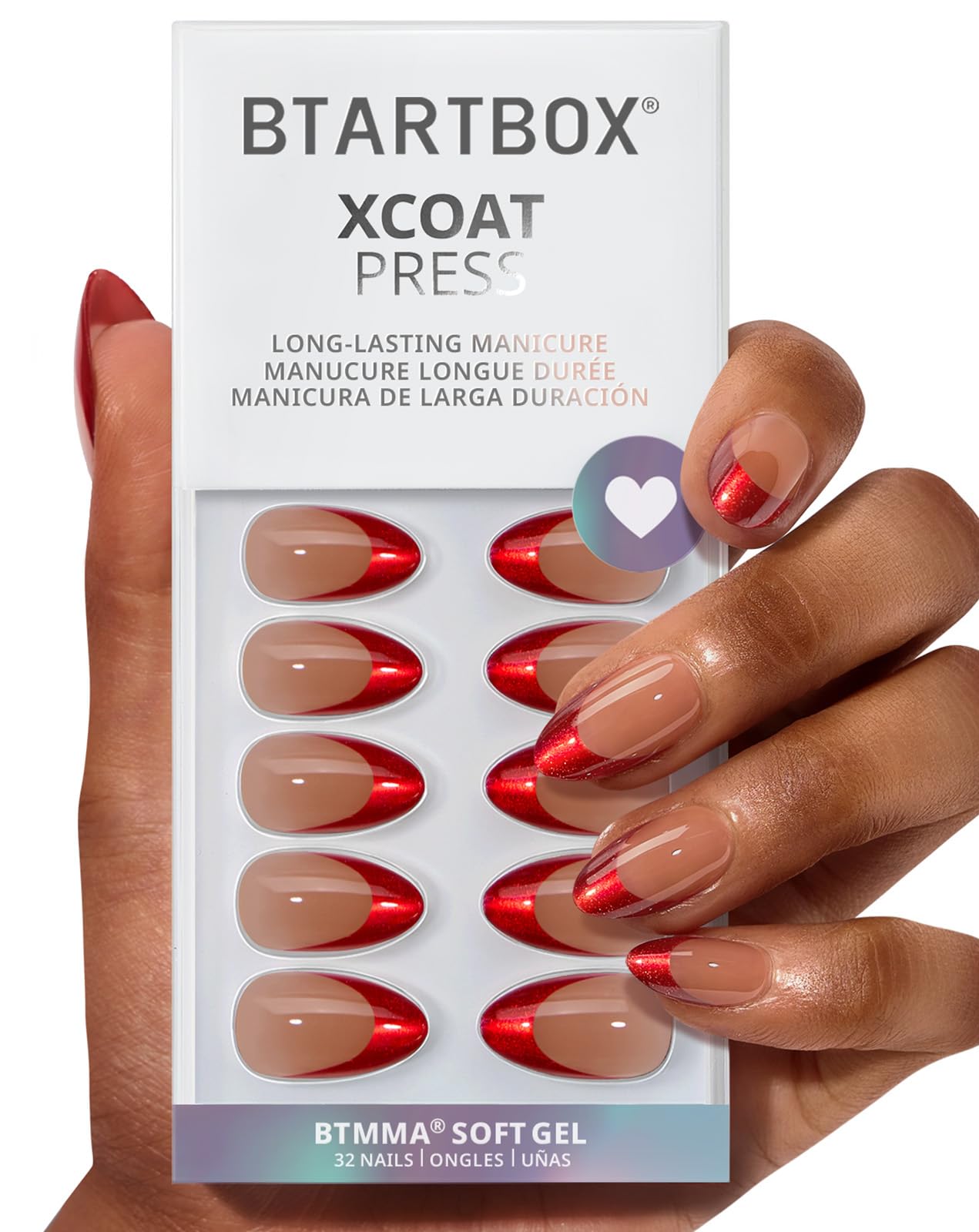 BTArtbox uñas francesas rojo-cat-eye, diseño almendra corto para uso diario.