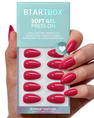 BTArtbox uñas pegables almendra rosa frambuesa, empaque listo para regalo.