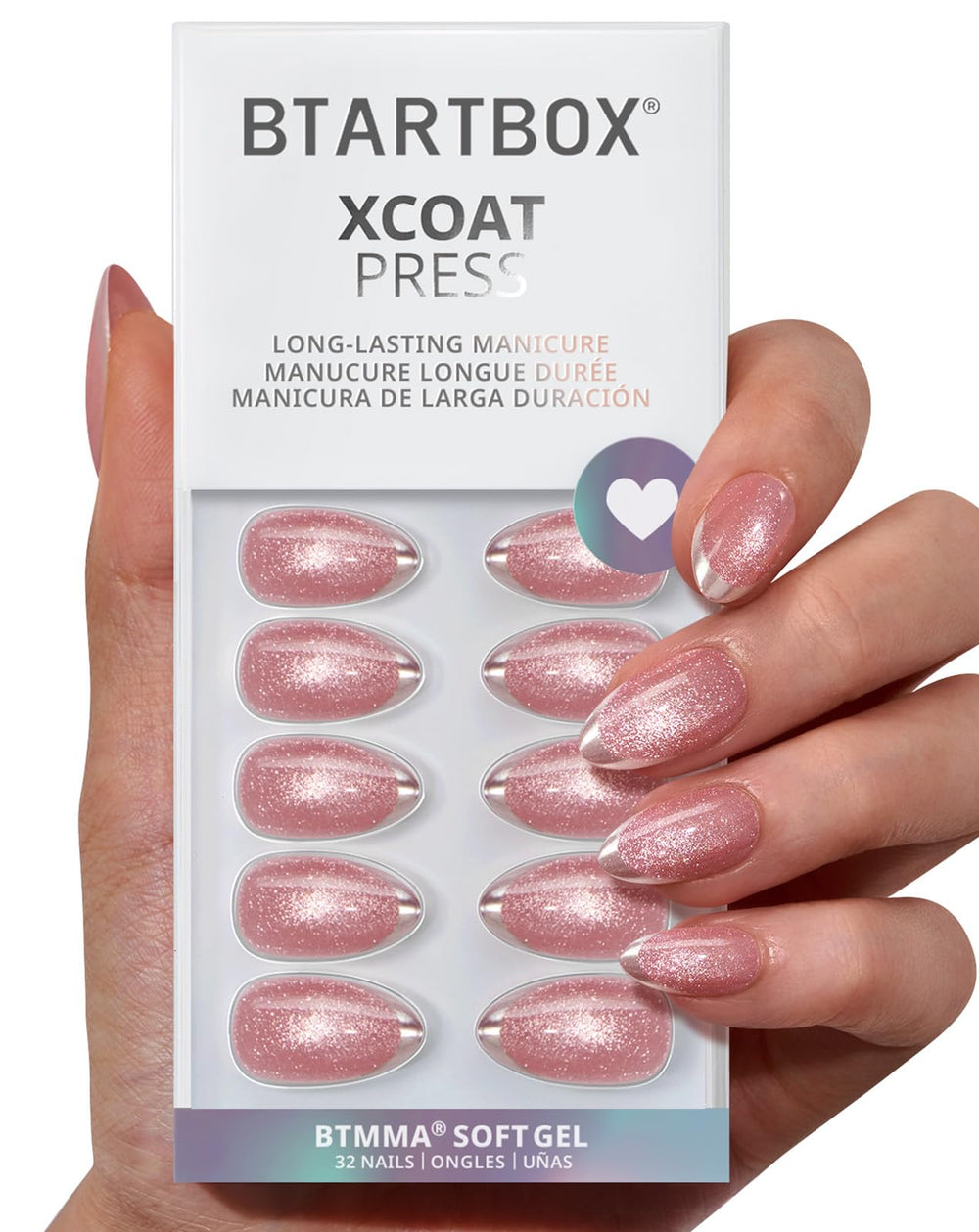 BTArtbox uñas postizas almendra con brillo dorado, curadas con luz para uso diario.