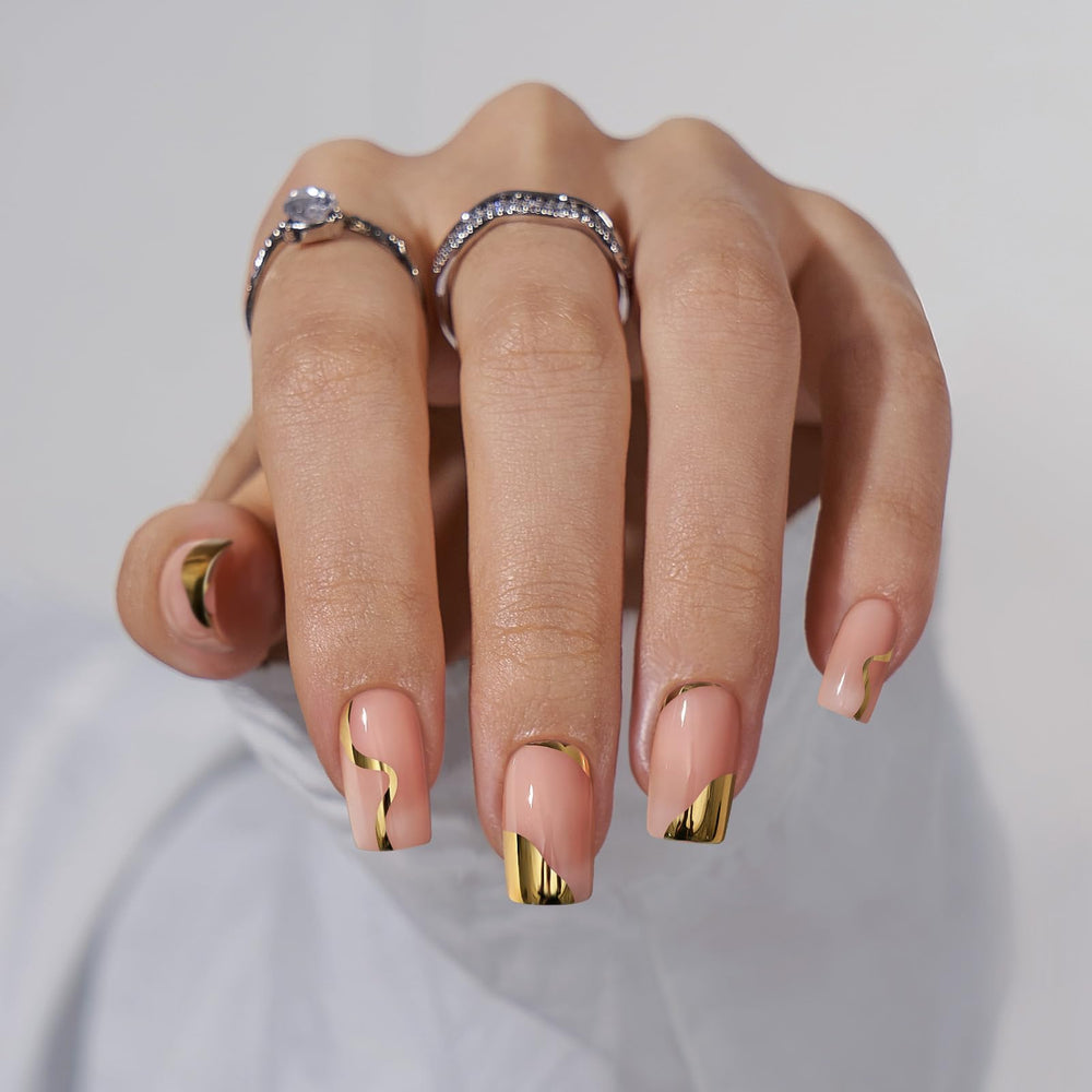 BTArtbox uñas postizas cortas cuadradas con hoja de oro para un acabado elegante